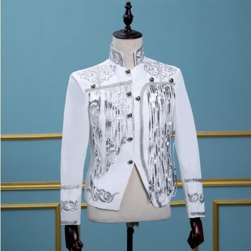 Tassel men blazer designs masculino terno stage costumes for singers men sequin blazer dance clothes jacket dress black white