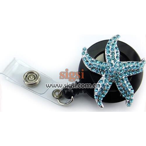 Wholesale Blue Crystal Starfish Rhinestone Retractable Reel ID Badge Holder