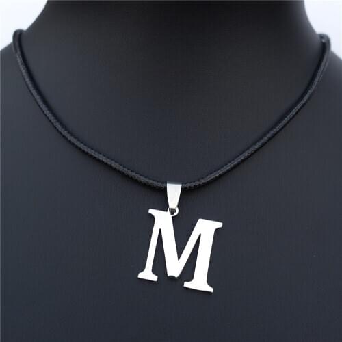 Alphabet M Stainless Steel Letter Pendant Necklace Trendy Jewelry With Black Cord