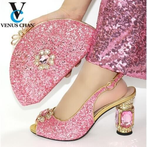 Pink New Arrival Italian Design Shoes and Bags Matching Set Decorated with Rhinestone African Fashion Sandals Shoes with Bag