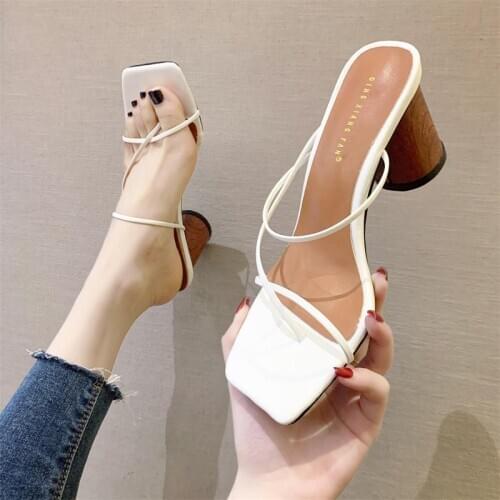 Fashion Fine Band Heels Sandals Slippers Women High Heels Flip Flops Square Toe Slides Party Shoes Summer Outdoor Beach Slippers