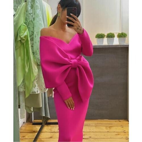 Vintage Short Satin V-Neck Evening Dresses with Bow Long Sleeve Zipper Back Bodycon Rose Red Formal Party Dress for Women