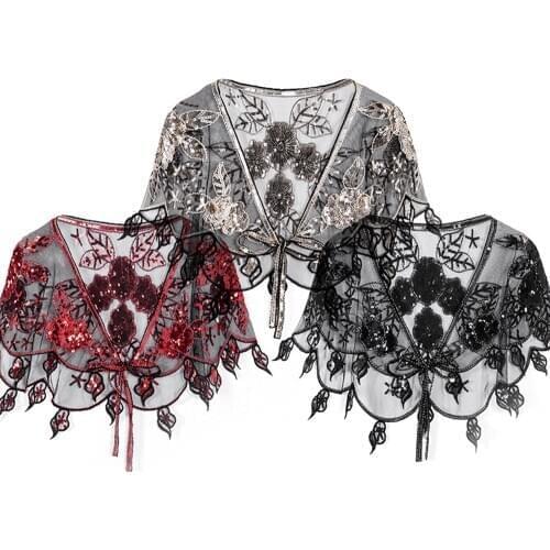 Flower Embroidery Femal Shawl Vintage Party Tulle Sequins 1920s Champange Cape For Women V-Neck Frenulum Black Gold Cape