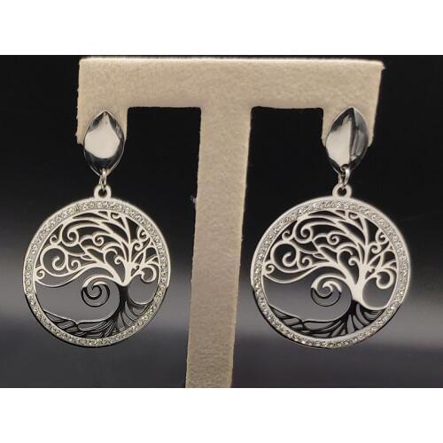 2021 Tree of Life Crystal Stainless Steel Earrings for Women Big Silver Color Stud Earrings Jewelry aretes de mujer E612779