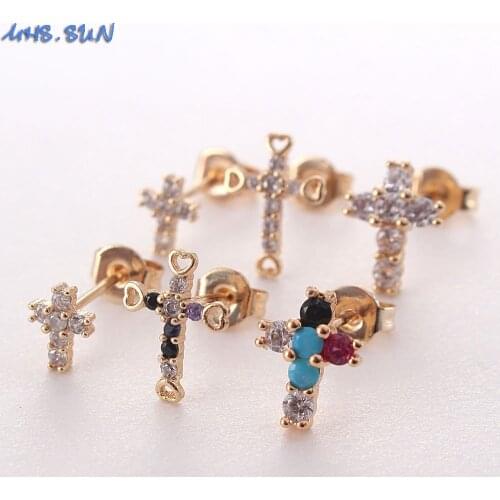 MHS.SUN Fashion AAA CZ Small Cross Earrings Women Cubic Zircon Stud Earrings Vintage Gold Color Jewelry For Girls Gift New
