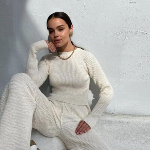 2021 Women Set Sweater Top Long Sleeve And Biker Pants Autumn Winter White Casual Two Piece Set Warm Outfits Knitted Tracksuit