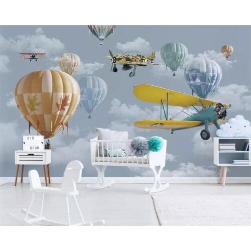 Beibehang Wallpaper custom 3D Nordic minimalist hand drawn cartoon airplane hot air balloon children room photo TV background