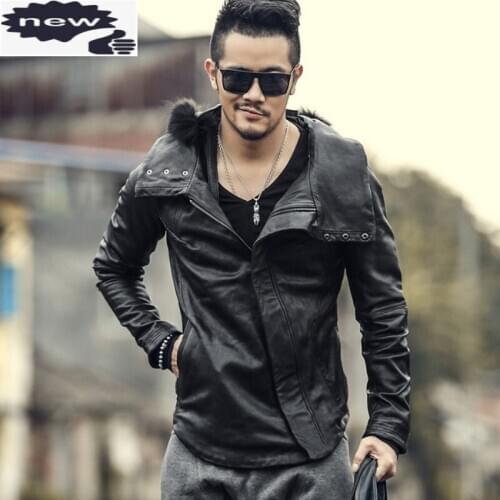 England Style Hooded Genuine Sheepskin Jacket Mens Luxury Raccoon Dog Fur Collar Detachable Zip Moto Biker Real Leather Coat