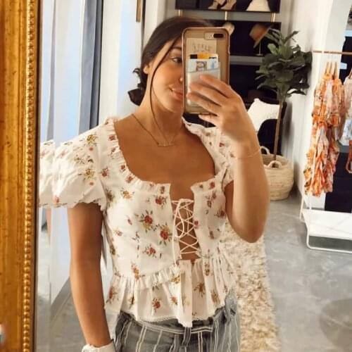 Foridol Puff Sleeve White Lace Floral Print Blouse Shirts Women Summer Boho Lace Up Crop Tops Vintage Pelpum Strappy Blusas 2021