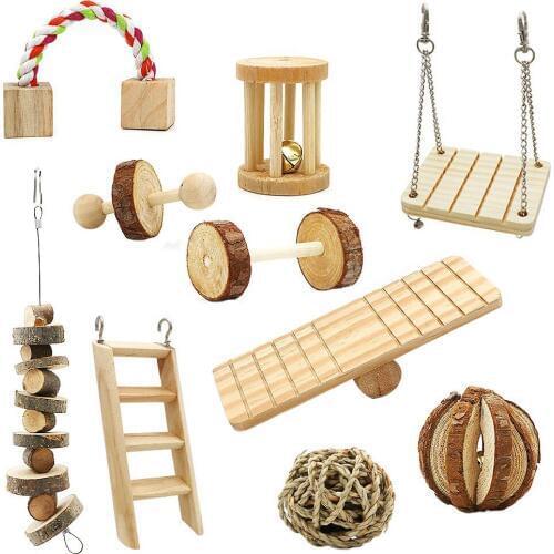 Hamster Chew Toys, 10 Pack Natural Wooden Pine Guinea Pigs Rats Chinchillas Toys Accessories Dumbells Exercise Bell Roller Tee