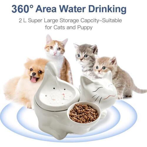 2L 360 Ceramic Pet Water Dispenser Advanced Cat Water Drinking Fountain Bowl with Replacement Filters and Foam for Cat and Dogs