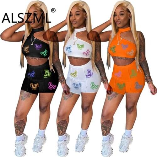 Women Set Letter Print Fashion Sheath Elastic Shorts 2 Two Piece Set Active Tracksuit Outfits