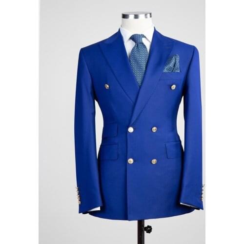 Royal Blue Double Breasted Man Work Business Suits Groom Tuxedos Prom Blazer Men Party Coat Trousers Sets (Jacket+Pants+Tie)