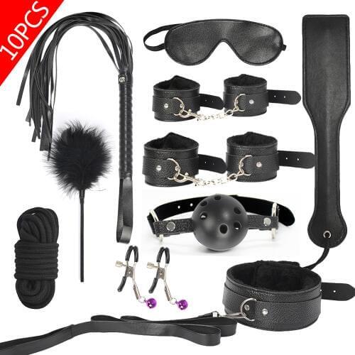 10Pcs Leather BDSM Bondage Set Adult Toys For Couples Collar Nipple Clamp Erotic Handcuffs Mouth Gag Whip Rope Slave SM Products