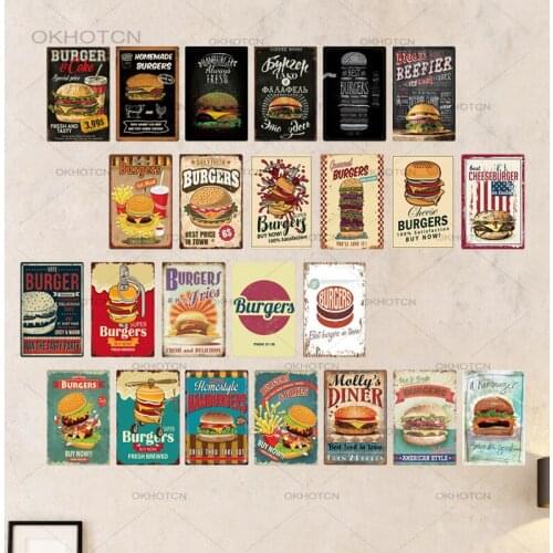 Burger Metal Sign Plaque Metal Vintage Fast Food Tin Sign Wall Decor for Kitchen Cafe Diner Bar Burger Metal Signs(20x30cm)