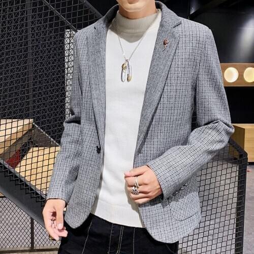2021 Mens Casual Woolen Autumn New Business Formal Wear Light Slim Fine Plaid men blazers