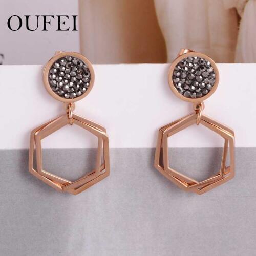 OUFEI stainless steel earring crystal Rose gold Simple atmosférica brinco feminina Geométrica brincos wholesale