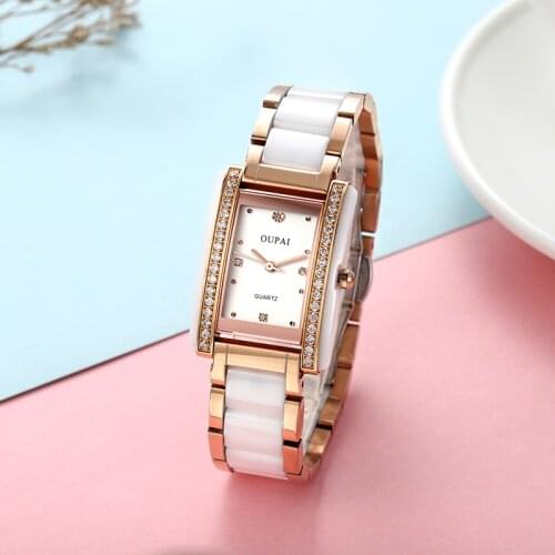 OUPAI 2020 New Arrival Rectangle Watch Lady White Ceramic with Diamond Luxury Watch Women Waterproof Sapphire anti-scratch