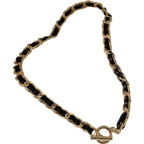 French Court Retro Leather Metal Chain Winding Necklace Necklace Neck Chain Collar Clavicle Chain OT Buckle Female