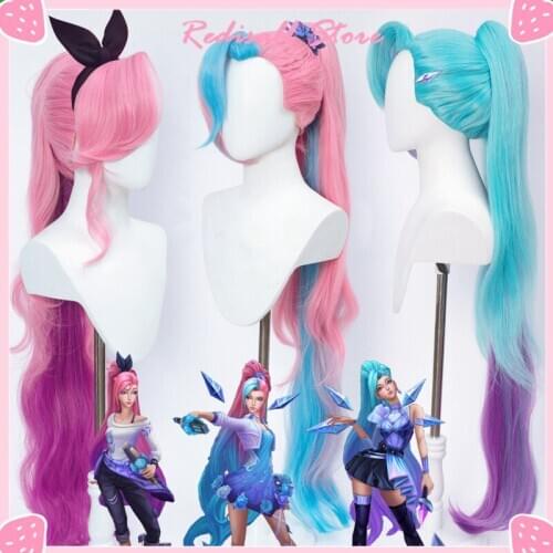 3 Colors Seraphine Cosplay Wig KDA Gradual Blue Purple Pink Synthetic Hair 100cm Long Curly Ponytail Halloween Adult