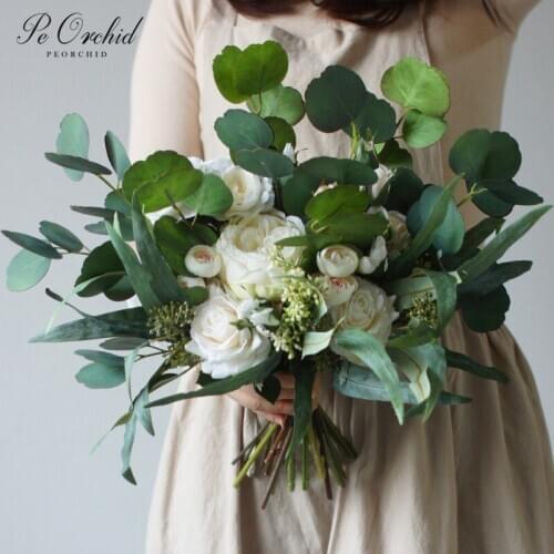 PEORCHID Green&White Bridal Bouquets Peony Roses Eucalyptus Brides Hand Holding flowers Artificial Big Wedding Bouquet 2020