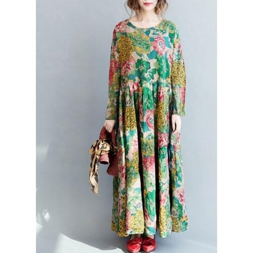 Cotton Linen Dress Womens Literary Color Fashion Spring Autumn Big Swing Vestidos Mujer Loose Casual O-Neck Oversize Long Dress