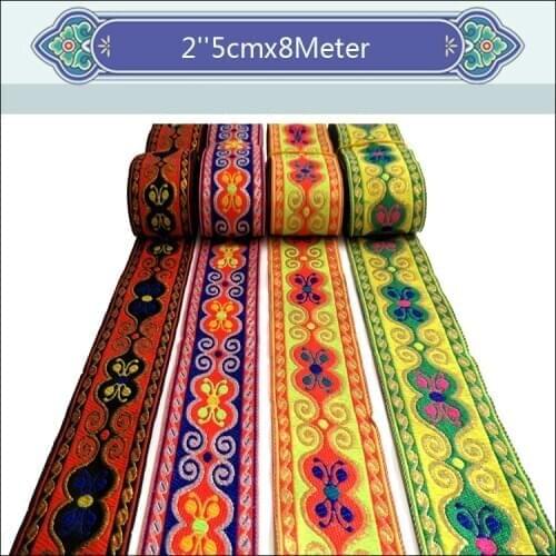 High quality 2" 50mmx 8meter Woven Jacquard Ribbon National webbing 4 colors retro pattern Handbag DIY clothing Belt accessories