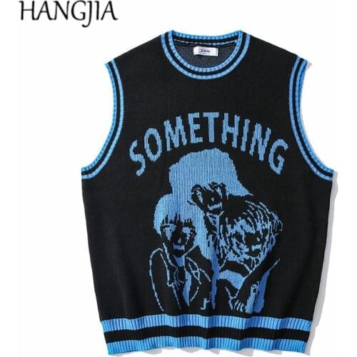 Harajuku Japanese Cartoon Anime Sleeveless Pullover Sweater Oversized Men and Women Quadratic Element Print Knit Sweaters Vest