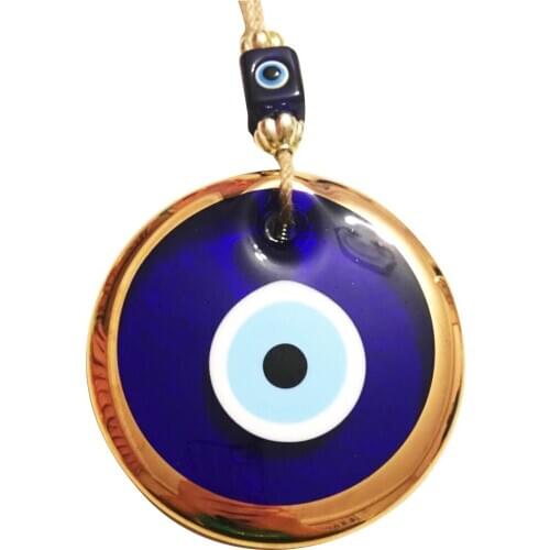 Turk Big Size Golden Gilted Glass Blue Evil Eye Wall Hanging Ornament - Turkish Evil Eye Bead - Home Protection Charm - Wall Decor