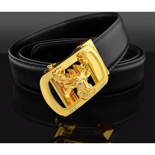 High Quality Deer head buckle belts men buckle genuine leather designer fashion leisure Simple black ceinture homme blue red