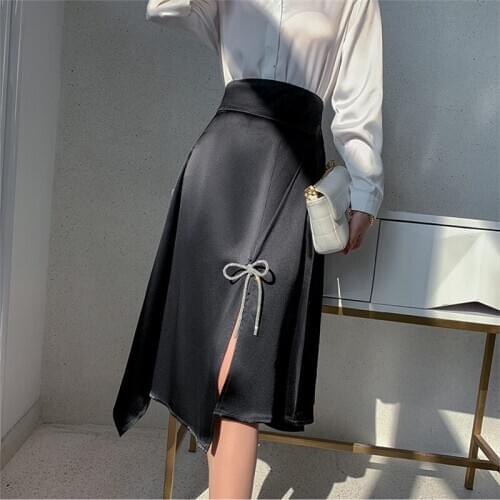 Women Empire Solid Skirts Casual Mid-Calf Black Skirt Autumn Empire Slim Fashion Bow Ladies Skirts