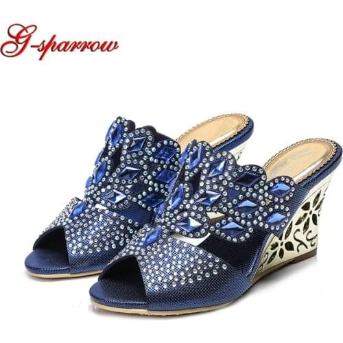Women Summer Sandals Blue Rhinestone Wedge Sandals New Korean Luxury Diamond Sexy High-heeled Flowers Crystal Shoes