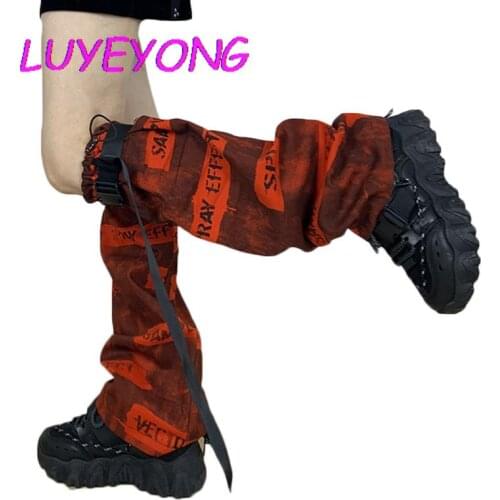 Dark Lolita Lady Punk Calf-length Ninja Cool PU Strap Sock Hip-hop Streetwear Women Black Red Tie Dye Gothic Leg Warmer Summer