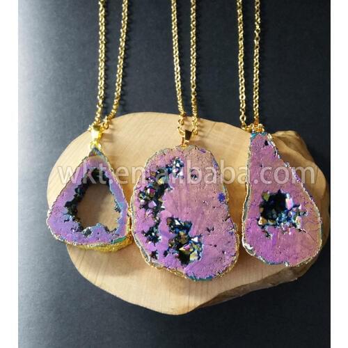 WT-N622 Latest titanium quartz necklaces chain Natural geode titanium quartz necklace Multi colors beautiful gold chain necklace