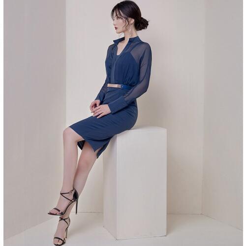 Women Dresses Chiffon Patchwork Blue Long Sleeve Autumn Shirt Dress Bandage Office Ladies Sexy Party Pencil Wrap Dress Vestidos