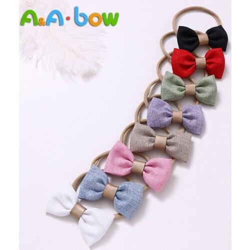 1pcs Nylon Bow Headband with Cotton and linen Bow for Baby Girls Hair Accessories Full Handmade Baby Turban Headwear