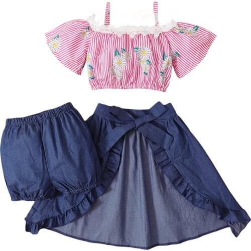3-7Years 3 Pieces Kids Suit Set Girls Floral Off Shoulder Short Sleeve Pullover+ irregular Skirt +Mini Shorts for Summer