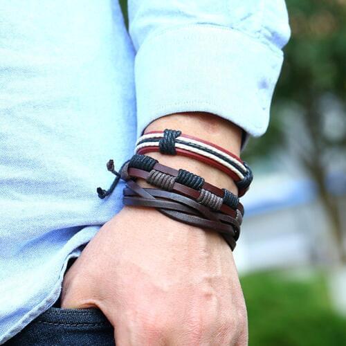 5Pcs Retro Men Faux Leather Braided Rope Beads Bracelet Wrist Bangle Jewelry DIY Decorative Accessories