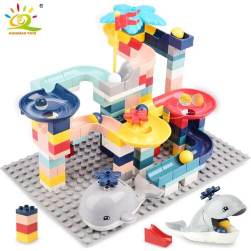 HUIQIBAO 161PCS Whale Marble Race Run Big Building Blocks Animals Large Size Bricks with Baseplate Children Kids Toys