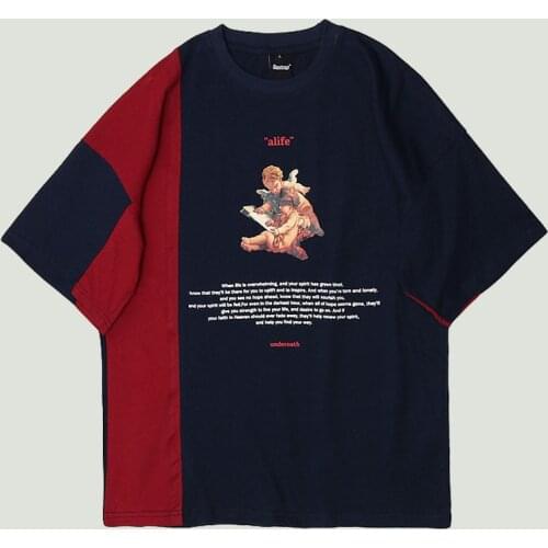 Streetwear Mens Short Sleeve T-Shirt Color Block Patchwork Baby Angel Printed Harajuku Hip Hop Summer Cotton T-Shirts Tops Male