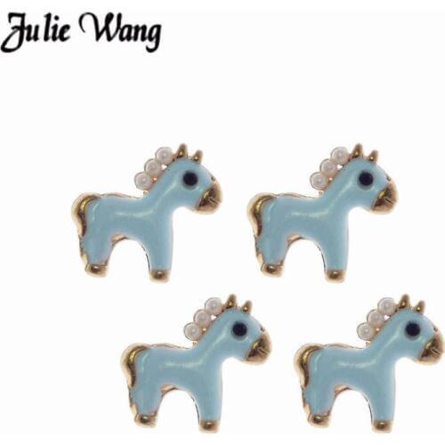 Julie Wang 5-10pcs Alloy Enamel Horse Charms Bracelet Cute Pendants Pearl Inlay Jewelry Making DIY Keychain Bag Decor 17*16mm