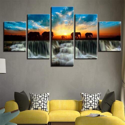Waterfall Elephant Dusk Sunset Landscape Pictures Wall Art for Dining Room Home Decor Animals Canvas Painting Print Dropshipping