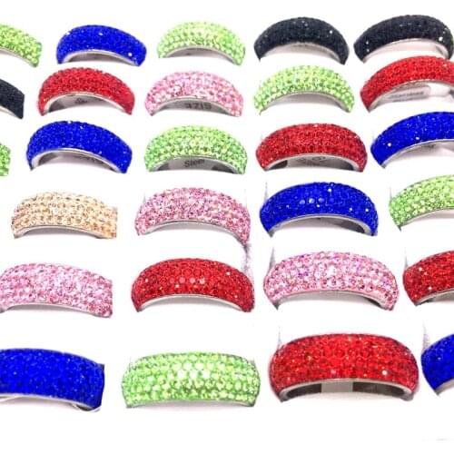 MixMax 36pcs/Lot Womens Rings Clay Full Rhinestone Hand Inlay 5 Row Stainless Steel Band Fashion Jewelry Wholesale Mix Colors