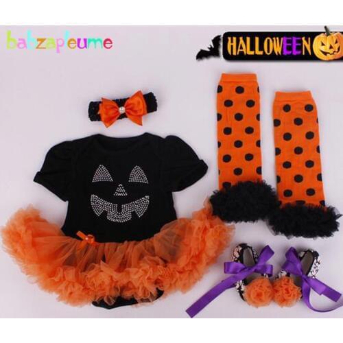4Piece/0-12Months/Halloween Newborn Outfit 1st Birthday Baby Girls Clothes Bodysuits Tutu Dress+Shoes Infant Clothing Set BC1311