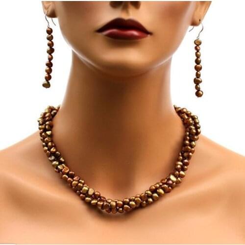 New Arrival Favorite Pearl Necklace 3 Row Coffee Genuine Baroque Freshwater Pearl Necklace Bridesmaids Wedding Gift Free Earring