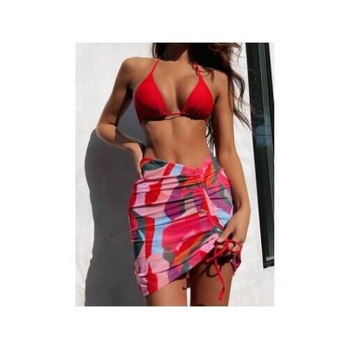 New Printed Halter Thong Bikini Female Swimsuit Three-pieces Bikini set With Skirt Suit Swim