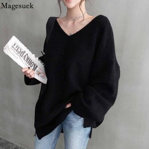 Autumn Winter V-neck Womens Sweater 2021 Simple Knitwear Womens Oversize Sweater Long Sleeve Women Pulovers Knitted Top 16038