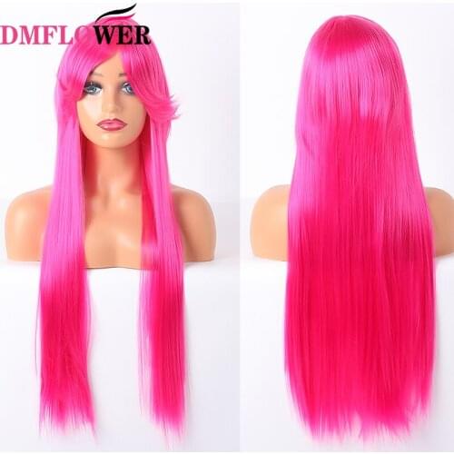 DMFLOWER-Peluca de pelo sintético rosa, volumen del viento, suave, resistente a altas temperaturas, seda, largo, liso, volante g