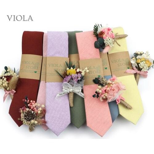 Gift Boxed Peach Pink Cotton Tie Pin Set Men Dry Flower Brooch Skinny Necktie Luxury Wedding Party Groom Suit Cravat Accessories