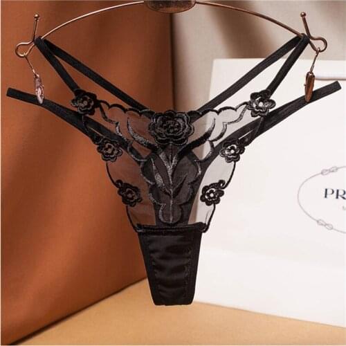 Sexy See-through Mesh Embroidery Flowers Womens Underwear Thin Belt Hollow Low-rise Cotton Crotch Thong Womens Erotic Lingerie